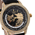 Closeout Deal - Aviator Ladies Crystal Studded Watch with World Timer Function with Genuine Leather Strap - 38mm Dial