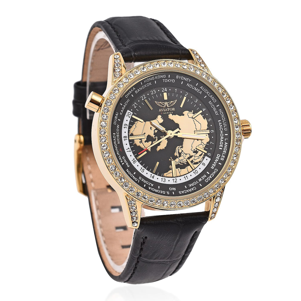 Closeout Deal - Aviator Ladies Crystal Studded Watch with World Timer Function with Genuine Leather Strap - 38mm Dial