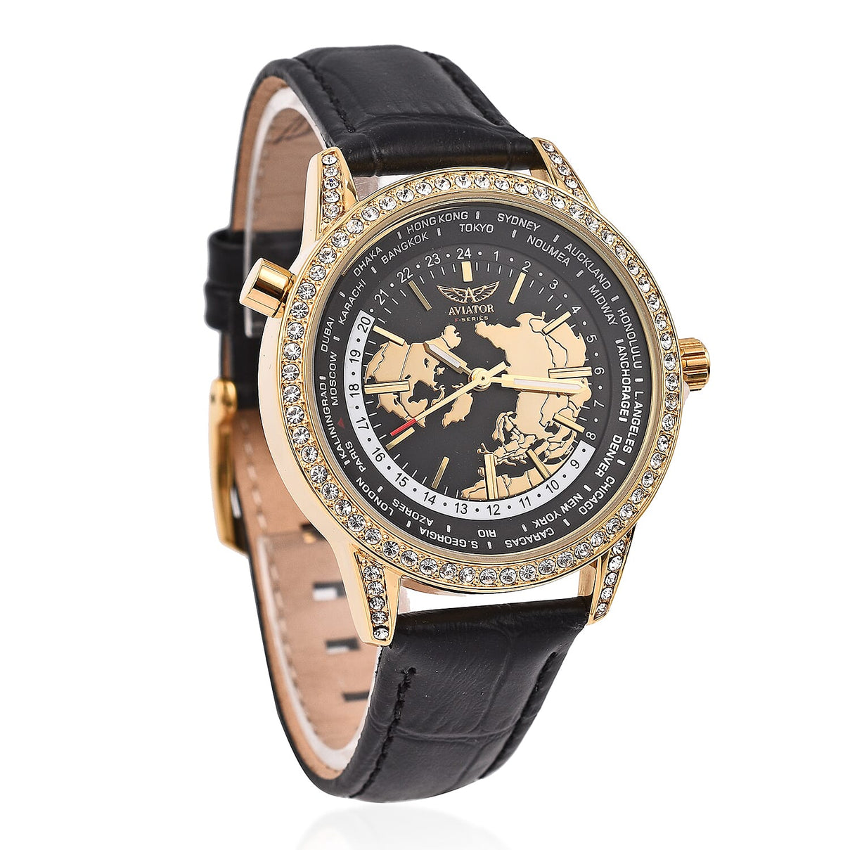 Closeout Deal - Aviator Ladies Crystal Studded Watch with World Timer Function with Genuine Leather Strap - 38mm Dial 7378818 3
