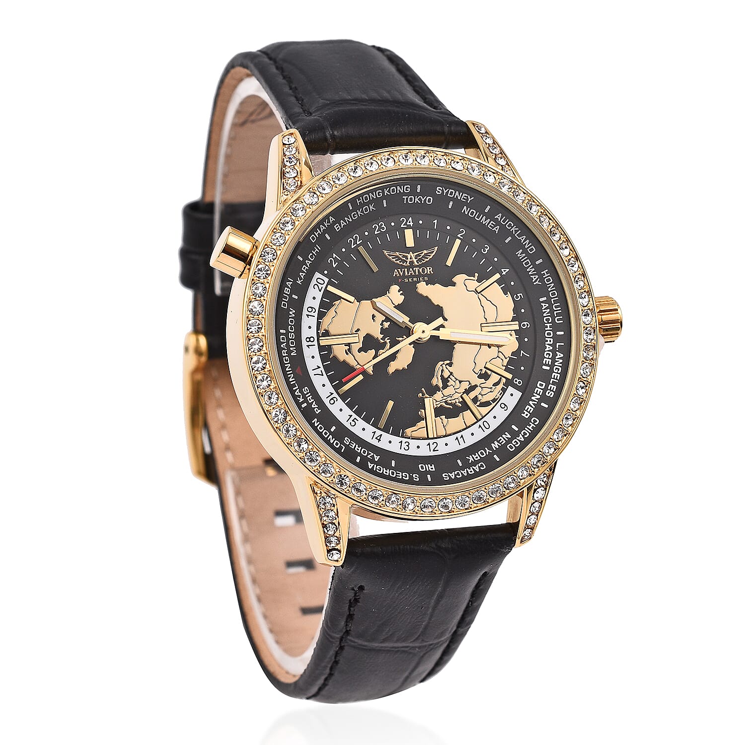 Closeout Deal - Aviator Ladies Crystal Studded Watch with World Timer Function with Genuine Leather Strap - 38mm Dial 7378818 3