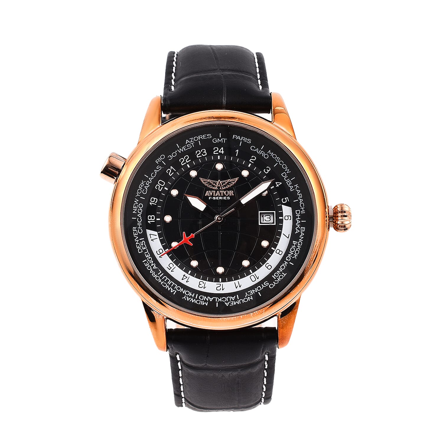 Closeout Deal - Aviator Mens Black Dial Watch with Black Leather Strap 7019209 0