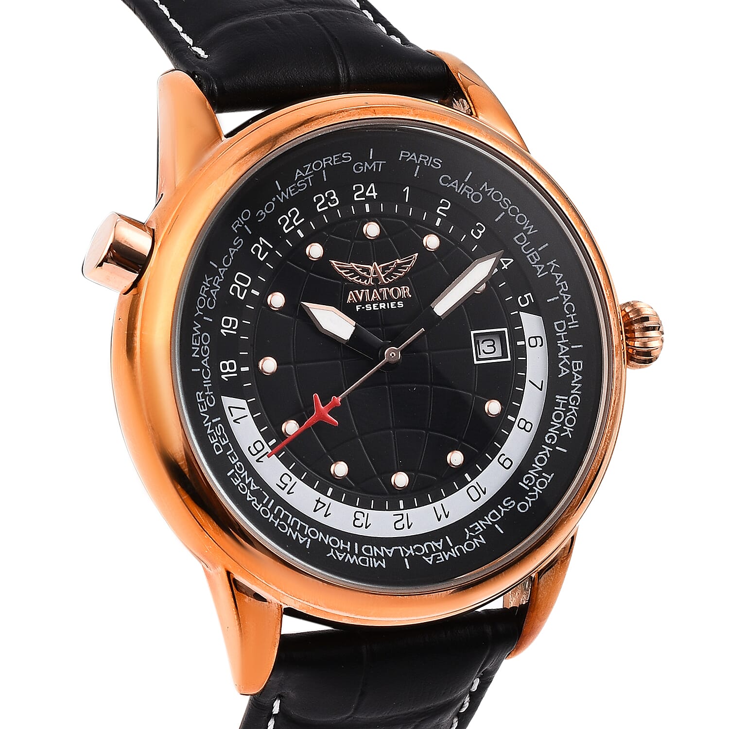 Closeout Deal - Aviator Mens Black Dial Watch with Black Leather Strap 7019209 1