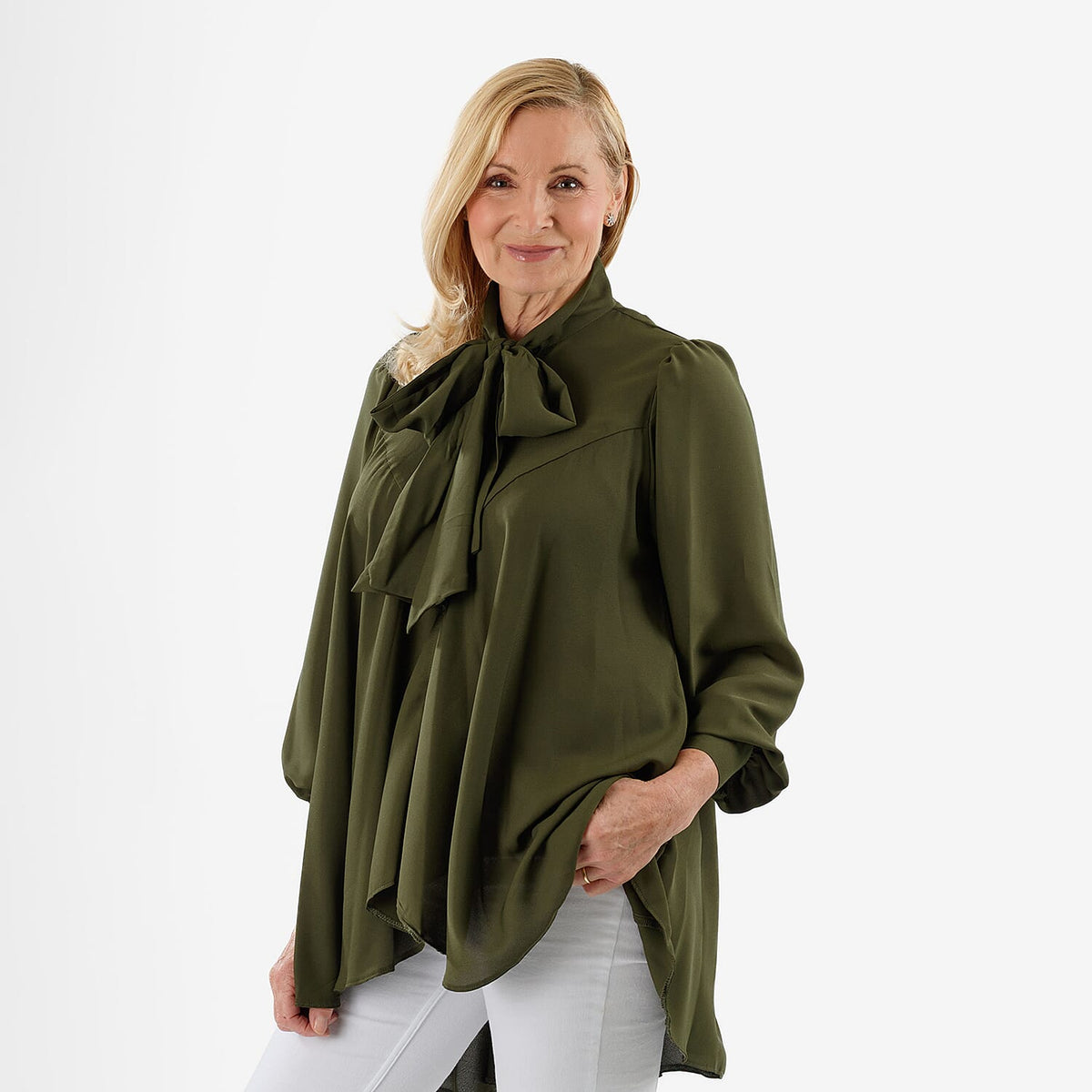 Closeout Deal: Marina Kaneva Bowtie Blouse (Size 10) - Khaki V32518400 0