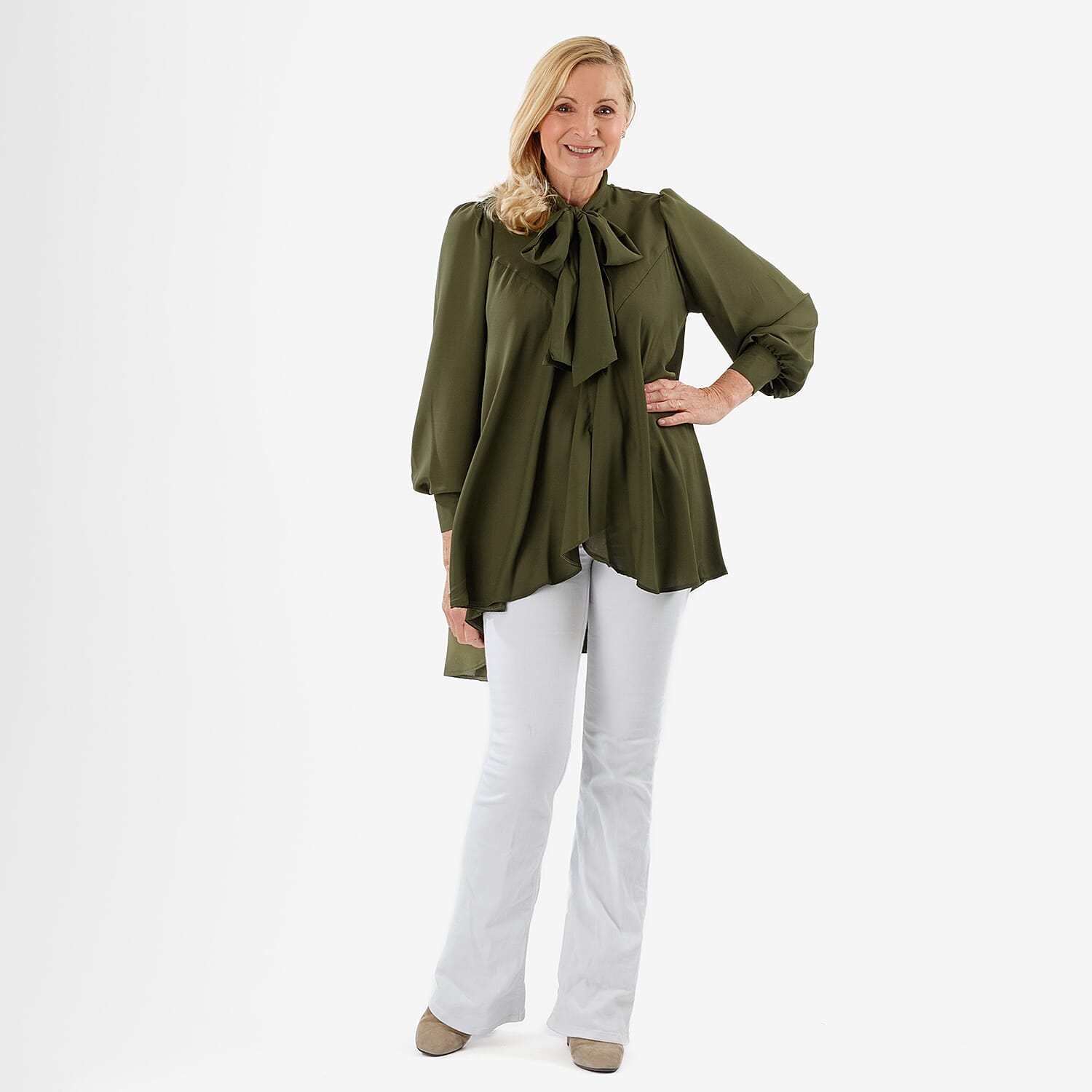 Closeout Deal: Marina Kaneva Bowtie Blouse (Size 10) - Khaki V32518400 1