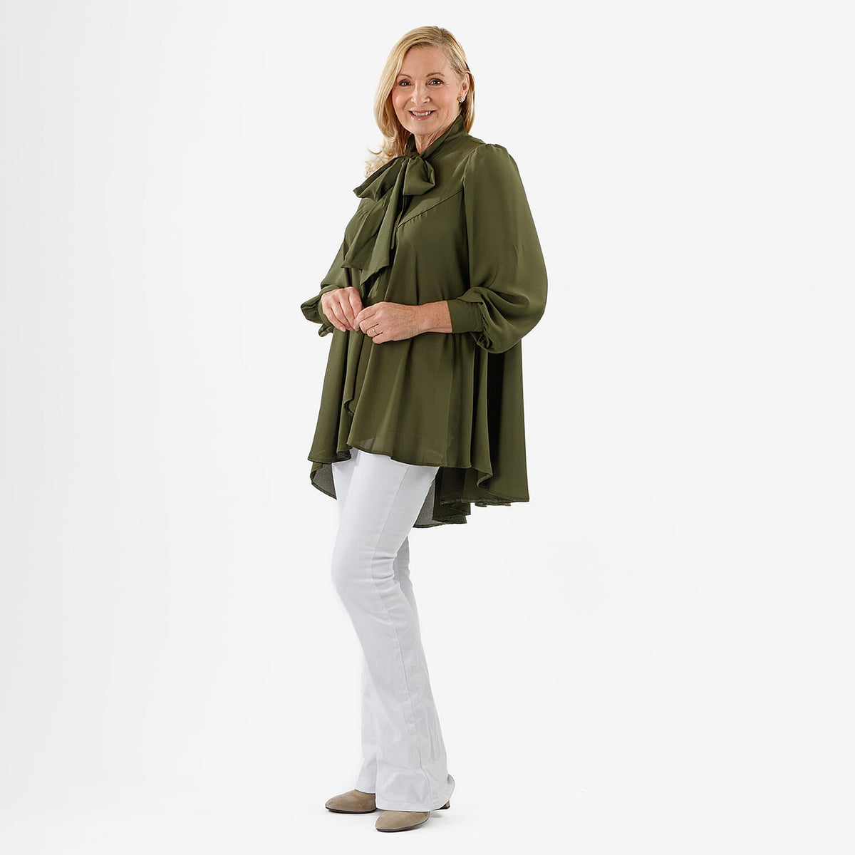 Closeout Deal: Marina Kaneva Bowtie Blouse (Size 10) - Khaki V32518400 2