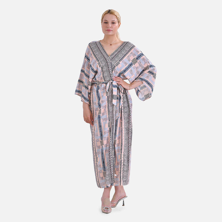 Closeout Deal- Bohemian Style Beige Multi-Stripe Long Wrap Kimono (One Size) 7780514 1