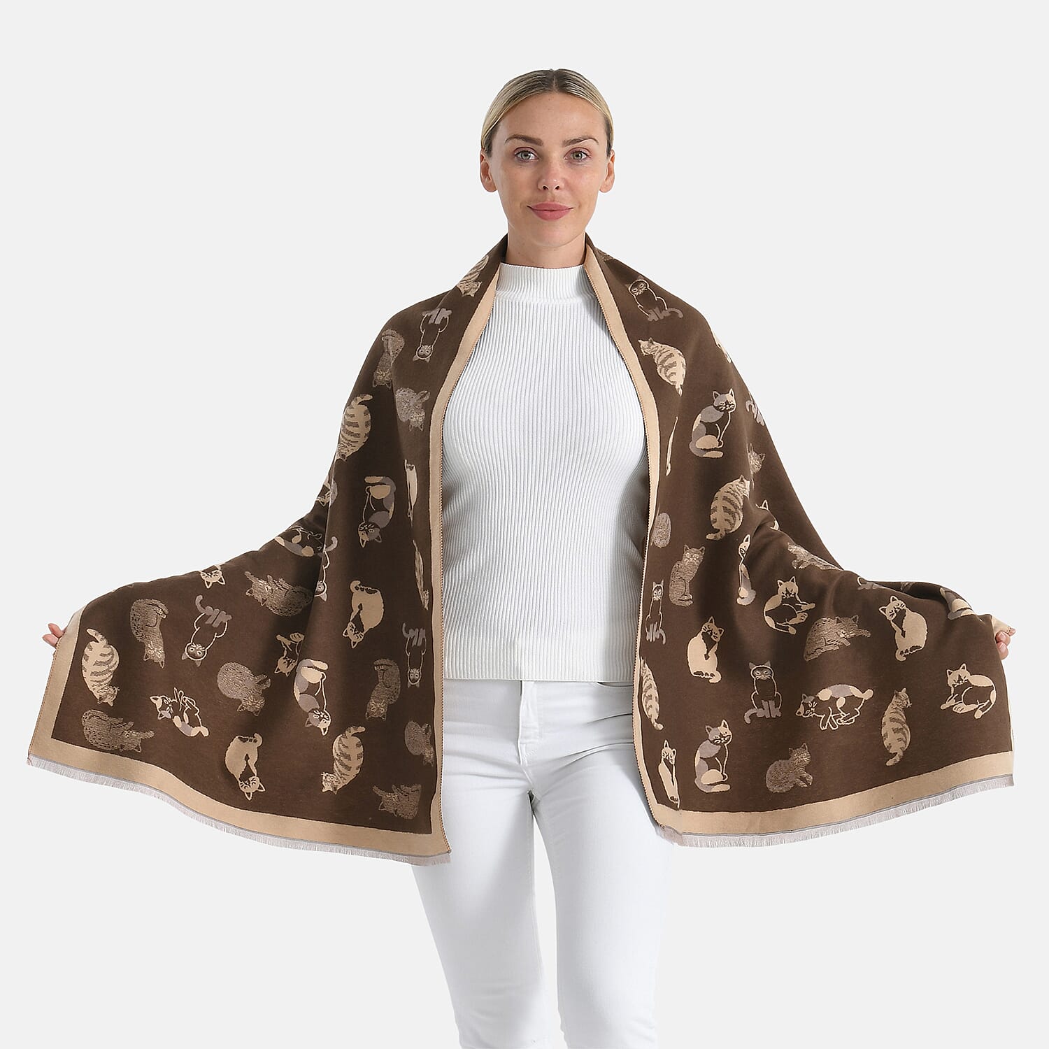 Closeout Deal- Cat Pattern Scarf (180 x 67 cm) - Brown &amp; Beige 8249812 0