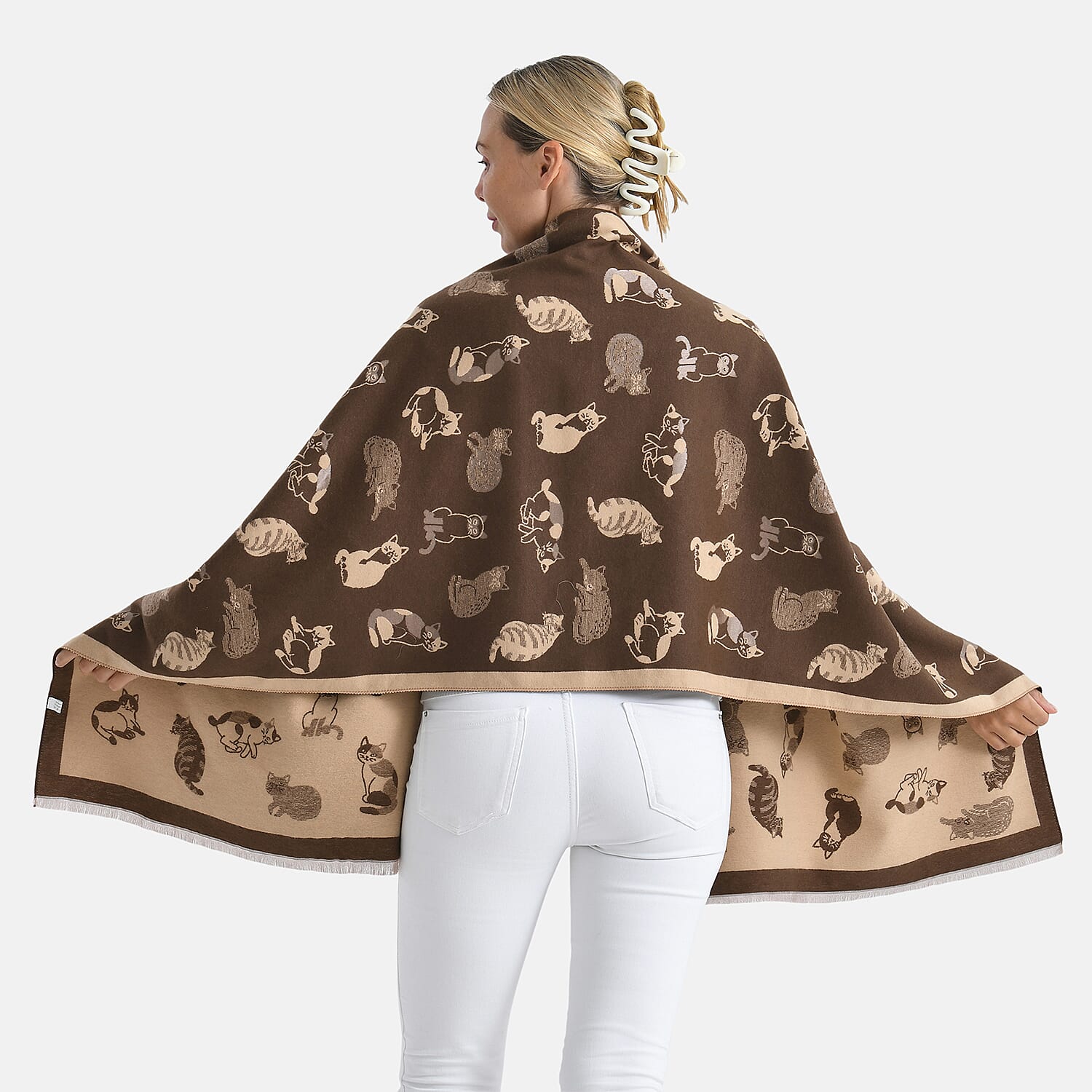 Closeout Deal- Cat Pattern Scarf (180 x 67 cm) - Brown &amp; Beige 8249812 2