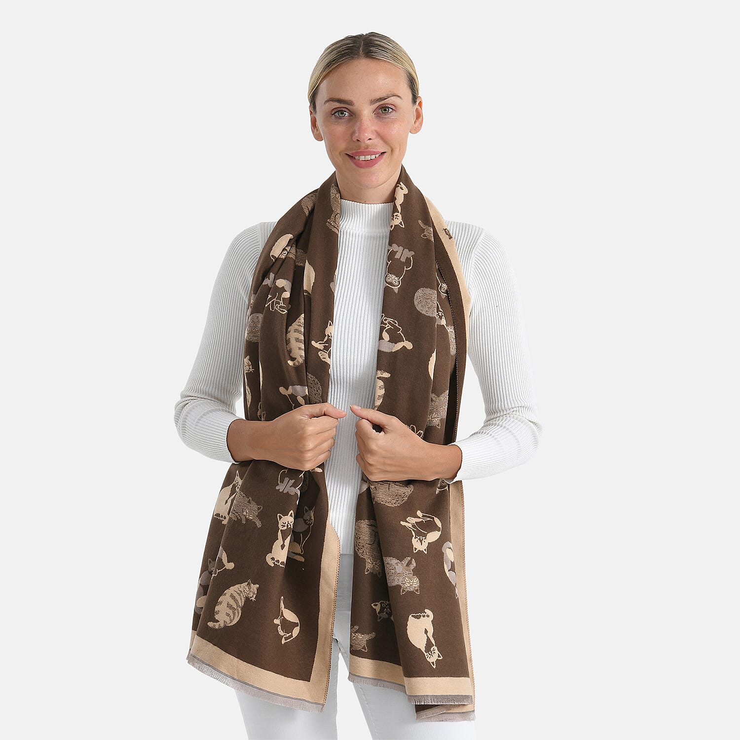 Closeout Deal- Cat Pattern Scarf (180 x 67 cm) - Brown &amp; Beige 8249812 3