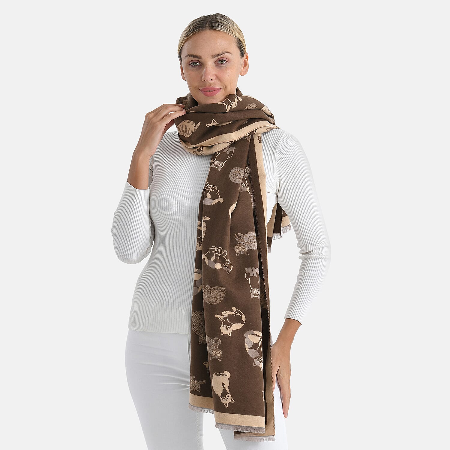Closeout Deal- Cat Pattern Scarf (180 x 67 cm) - Brown &amp; Beige 8249812 4