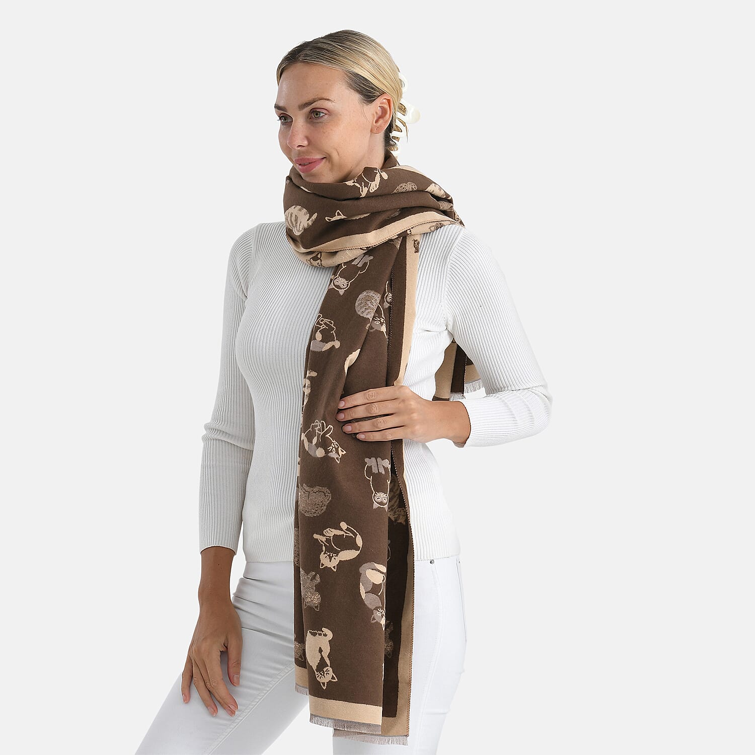 Closeout Deal- Cat Pattern Scarf (180 x 67 cm) - Brown &amp; Beige 8249812 5