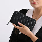 Closeout Deal - Genuine Leather Rhombus Pattern Embossed Wallet with RFID Protection - Black