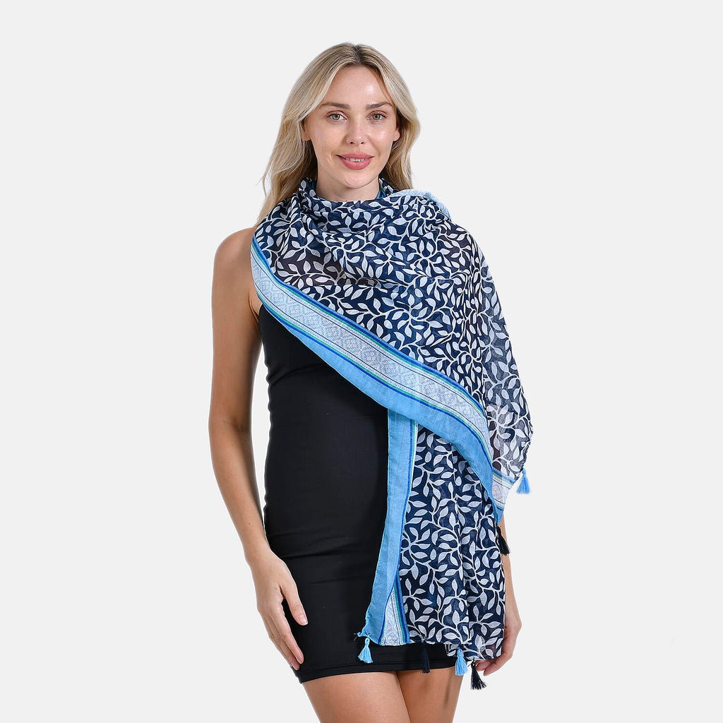 Closeout Deal - New Arrival Leaf & Lattice Pattern Scarf (One Size) - Blue