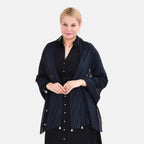 Closeout Deal Ruffled Deaded Scarf with Glass Pearl (Size 180x53) - Navy