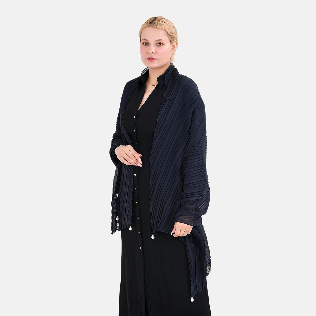 Solid Pleated Scarf with Beads 7803425 1