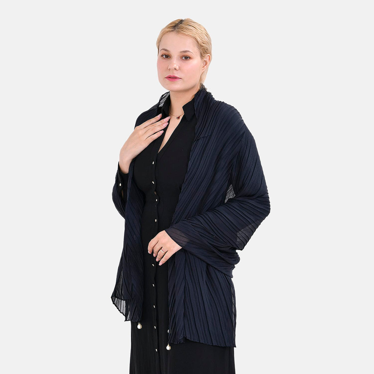 Solid Pleated Scarf with Beads 7803425 2