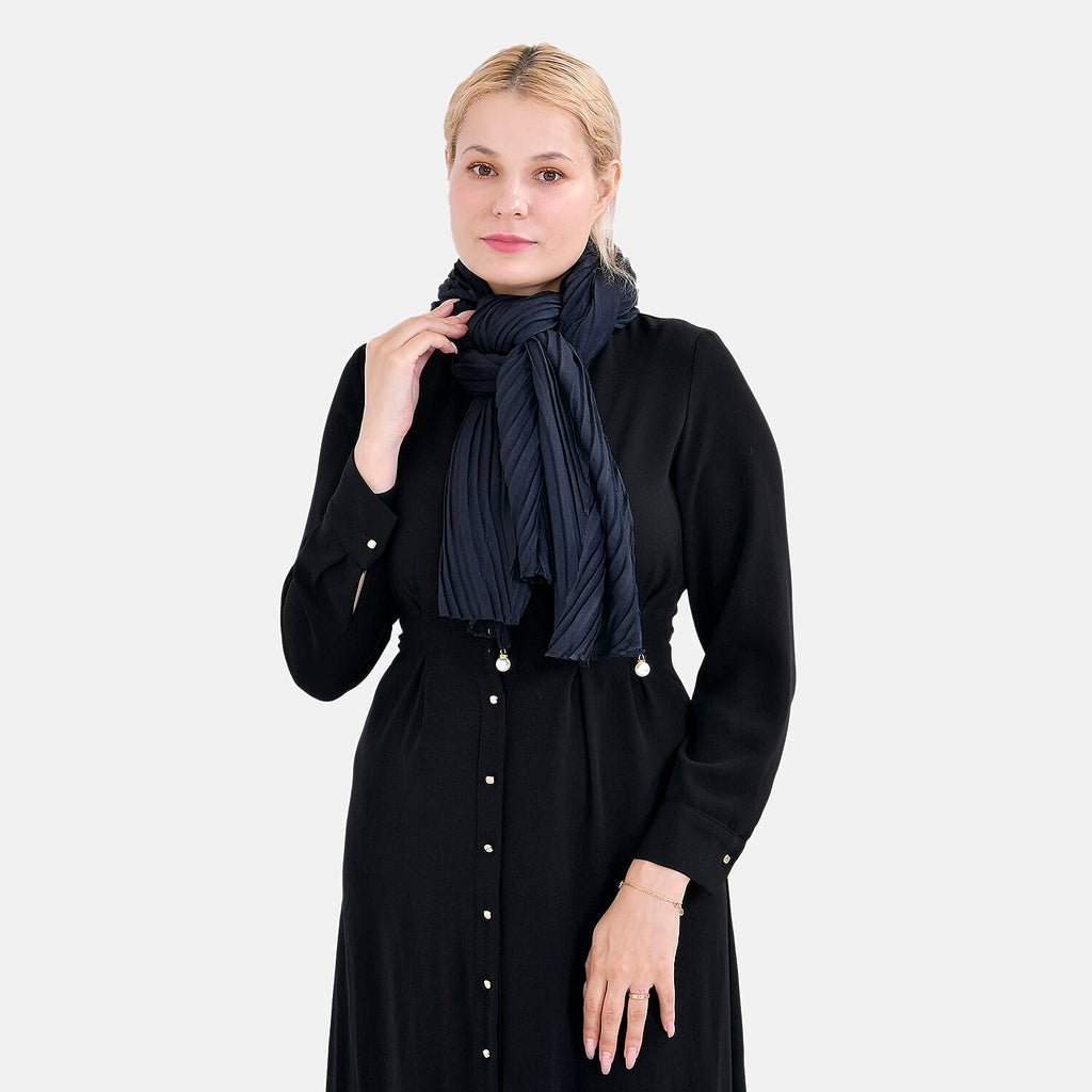 Closeout Deal Ruffled Deaded Scarf with Glass Pearl (Size 180x53) - Navy