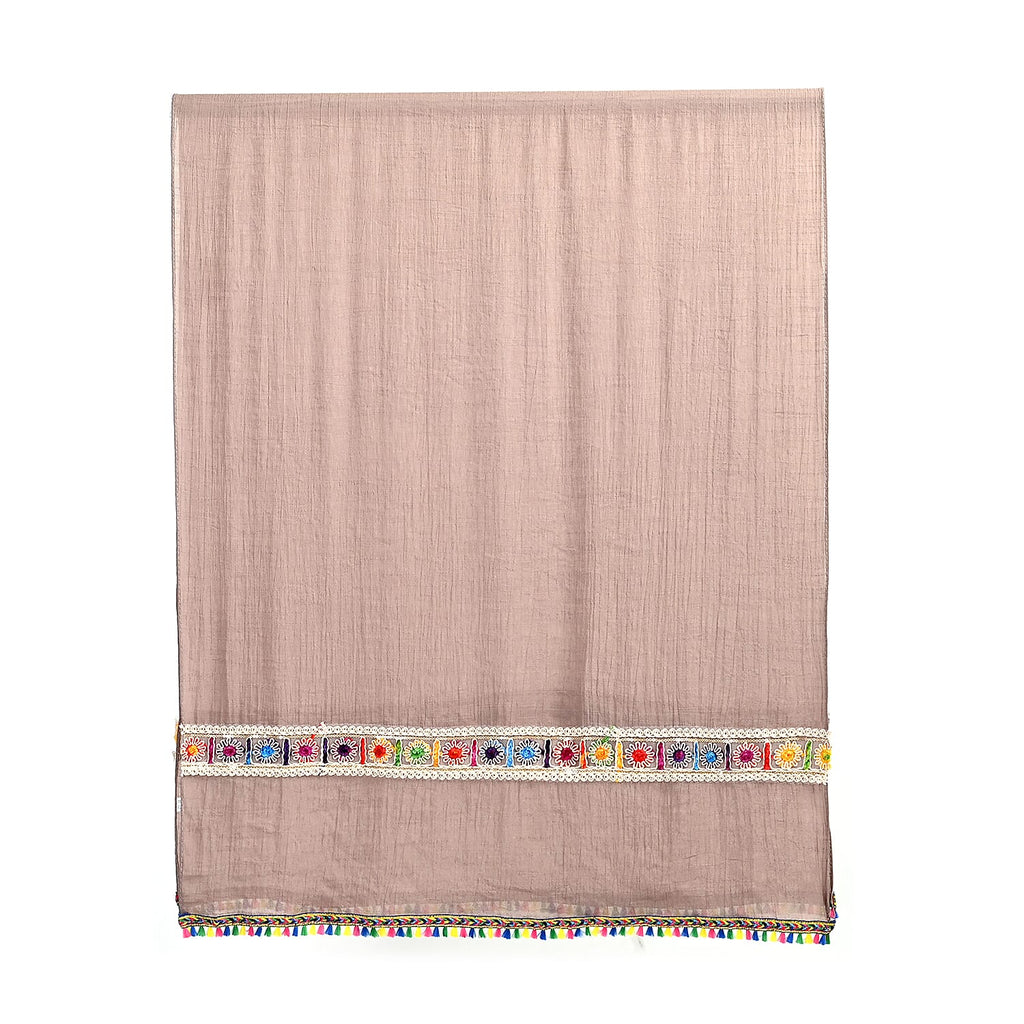 Closeout Deal - Ruffled Beaded Scarf with Faux Pearl - Beige