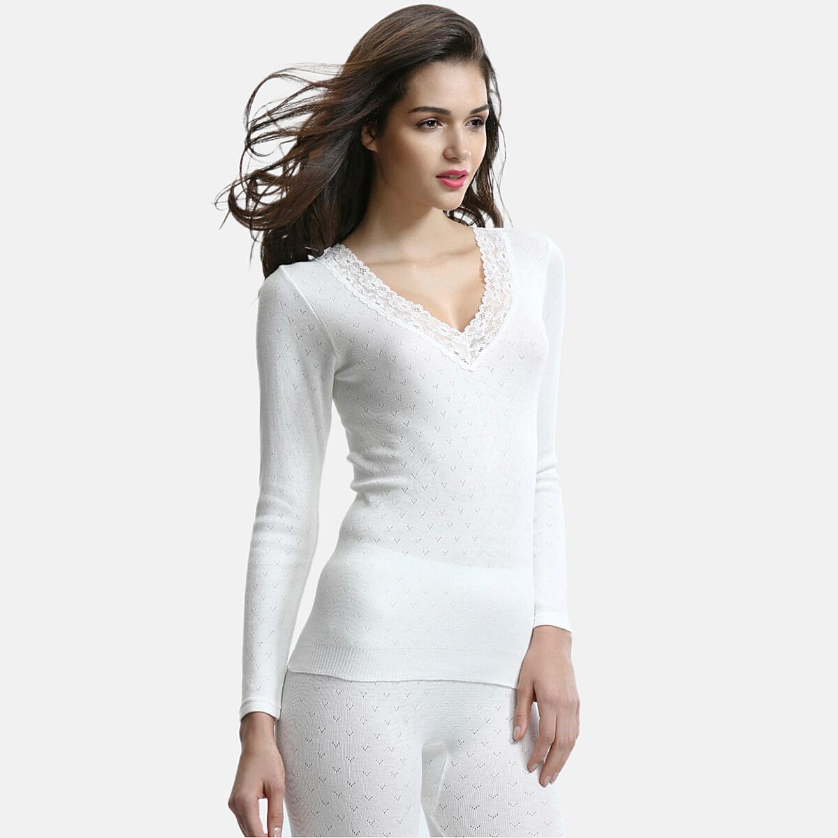 Palm Underwear British Made Supersoft Classic Lace Trim Long Sleeve Thermal Top (Size - L) - Ivory 8416293 0
