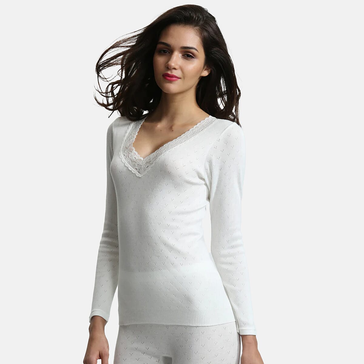 Palm Underwear British Made Supersoft Classic Lace Trim Long Sleeve Thermal Top (Size - L) - Ivory 8416293 1