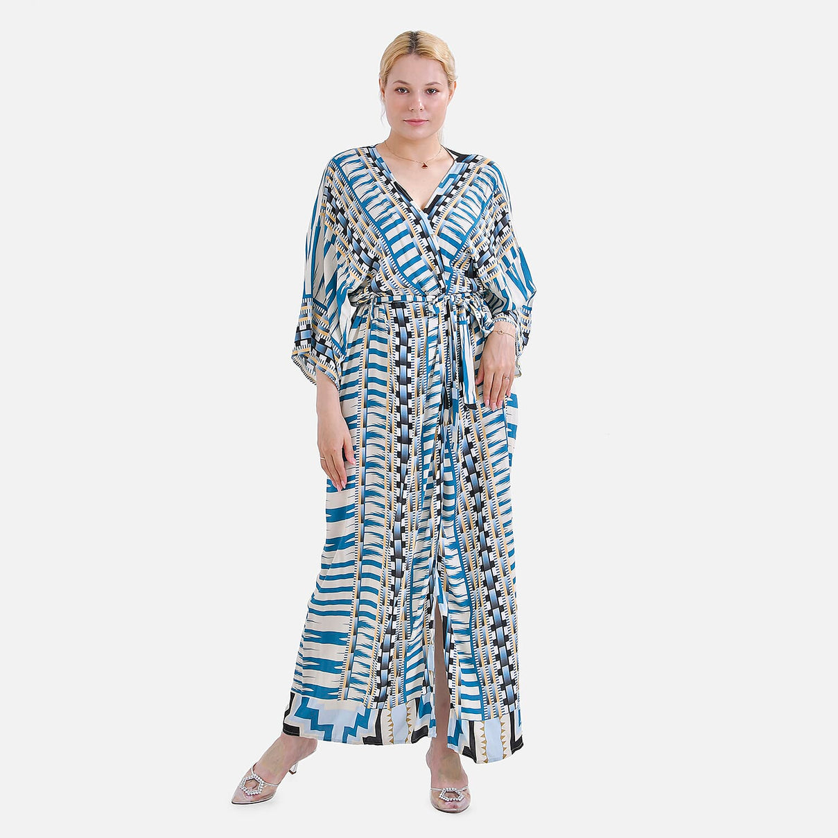 Closeout Deal: Stylish Long Sleeve Blue Geometric Print Long Kimono - Blue V32528325 0