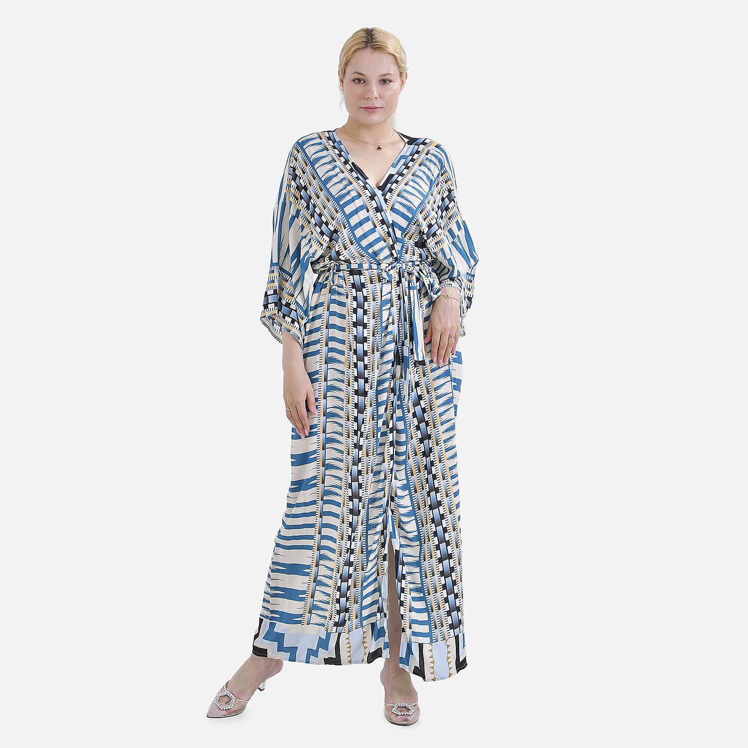 Closeout Deal: Stylish Long Sleeve Blue Geometric Print Long Kimono - Blue V32528325 0