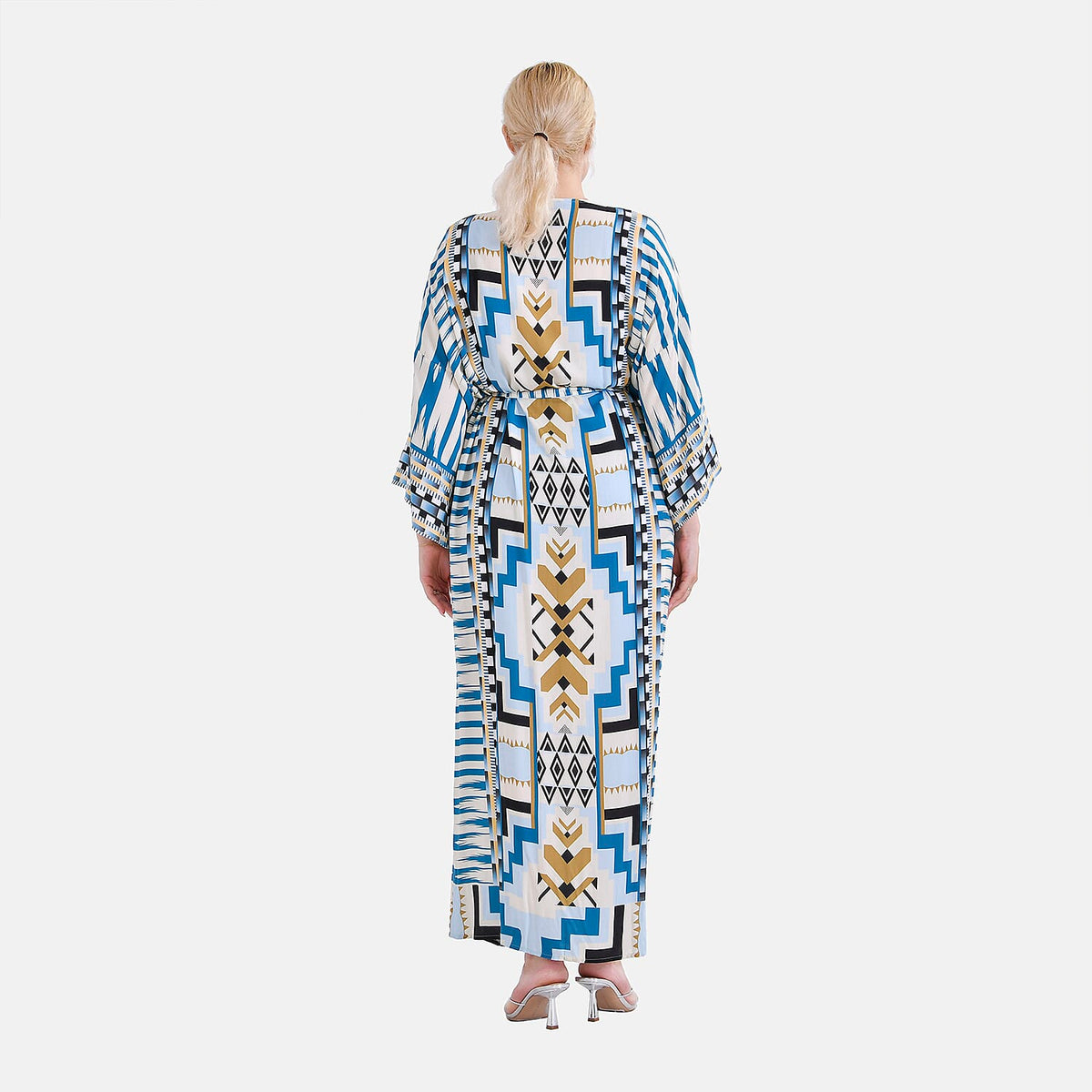 Closeout Deal: Stylish Long Sleeve Blue Geometric Print Long Kimono - Blue V32528325 2