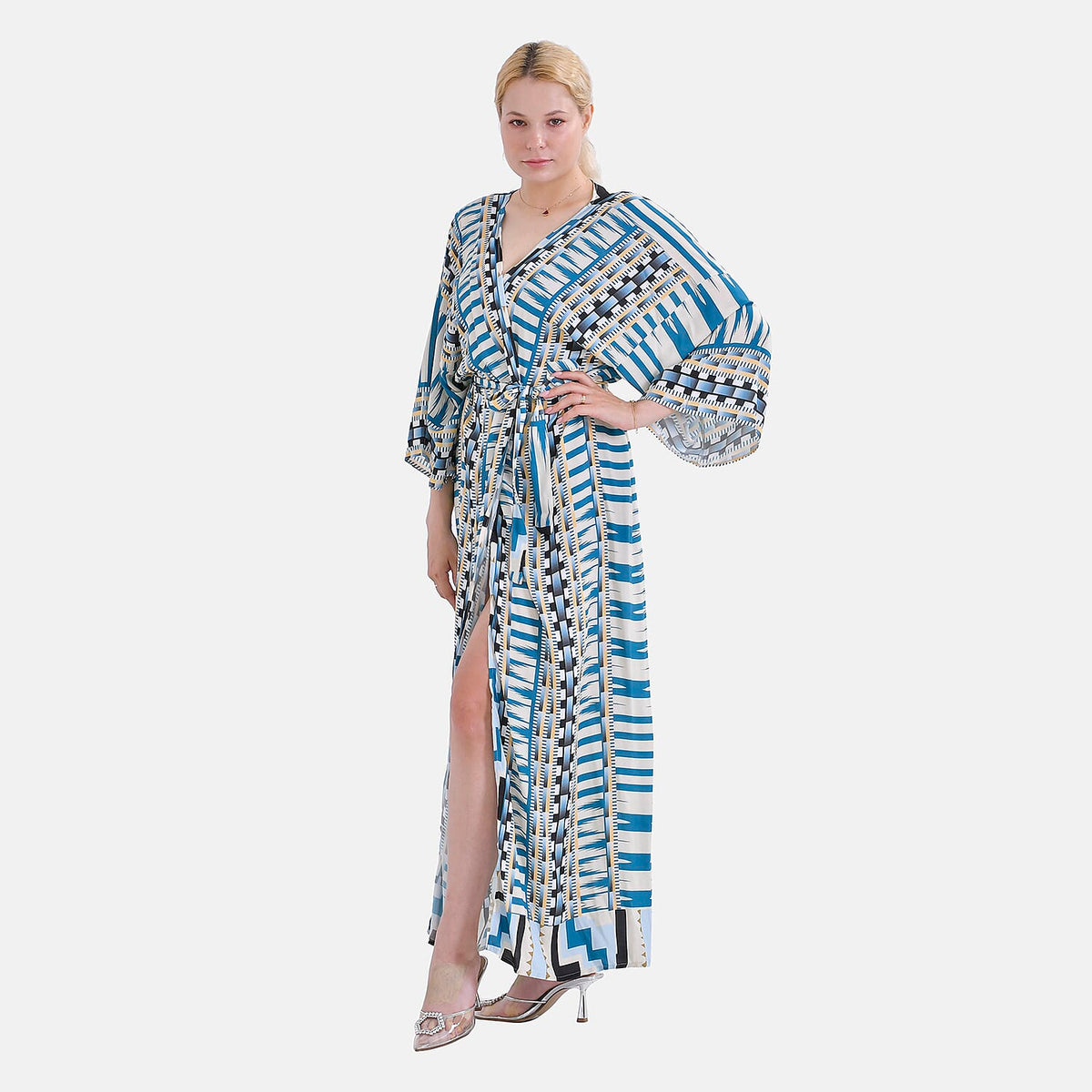 Closeout Deal: Stylish Long Sleeve Blue Geometric Print Long Kimono - Blue V32528325 3