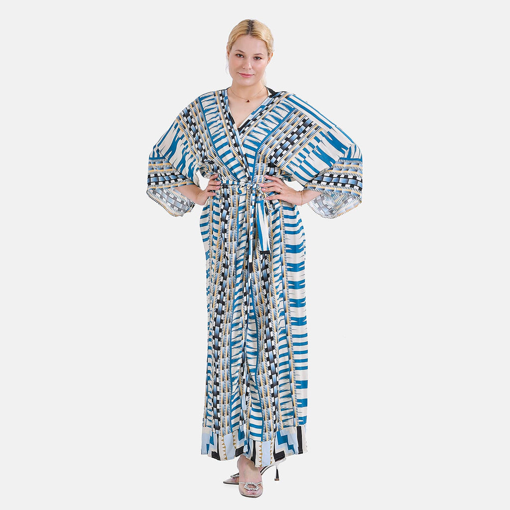 Closeout Deal- Stylish Long Sleeve Blue Geometric Print Long Kimono - Blue