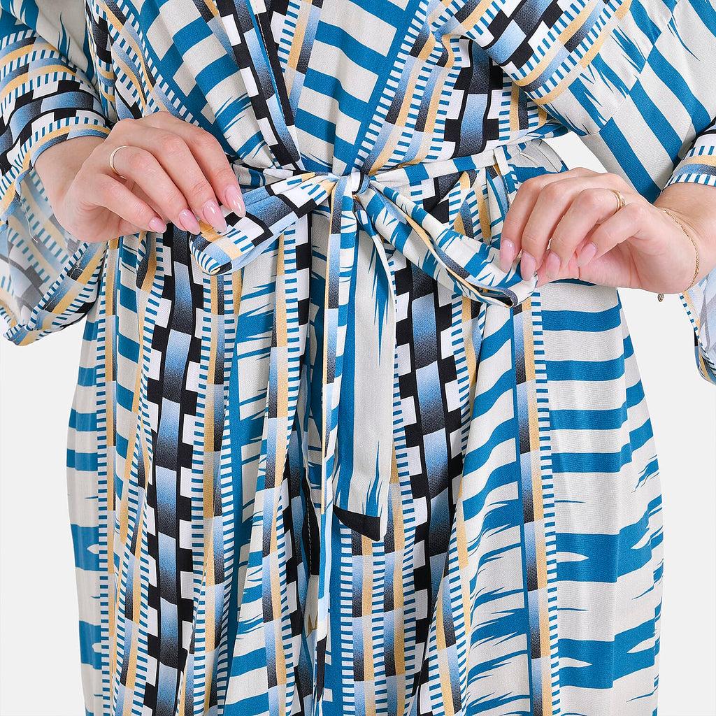 Closeout Deal- Stylish Long Sleeve Blue Geometric Print Long Kimono - Blue