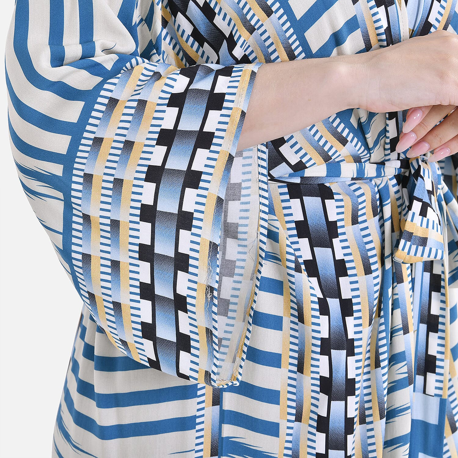 Closeout Deal: Stylish Long Sleeve Blue Geometric Print Long Kimono - Blue V32528325 6