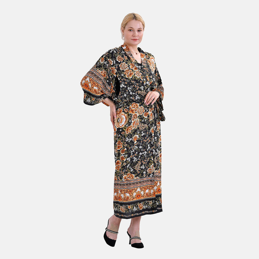 Closeout Deal 100% Viscose Flower Printed Long Kimono (One Size) - Black