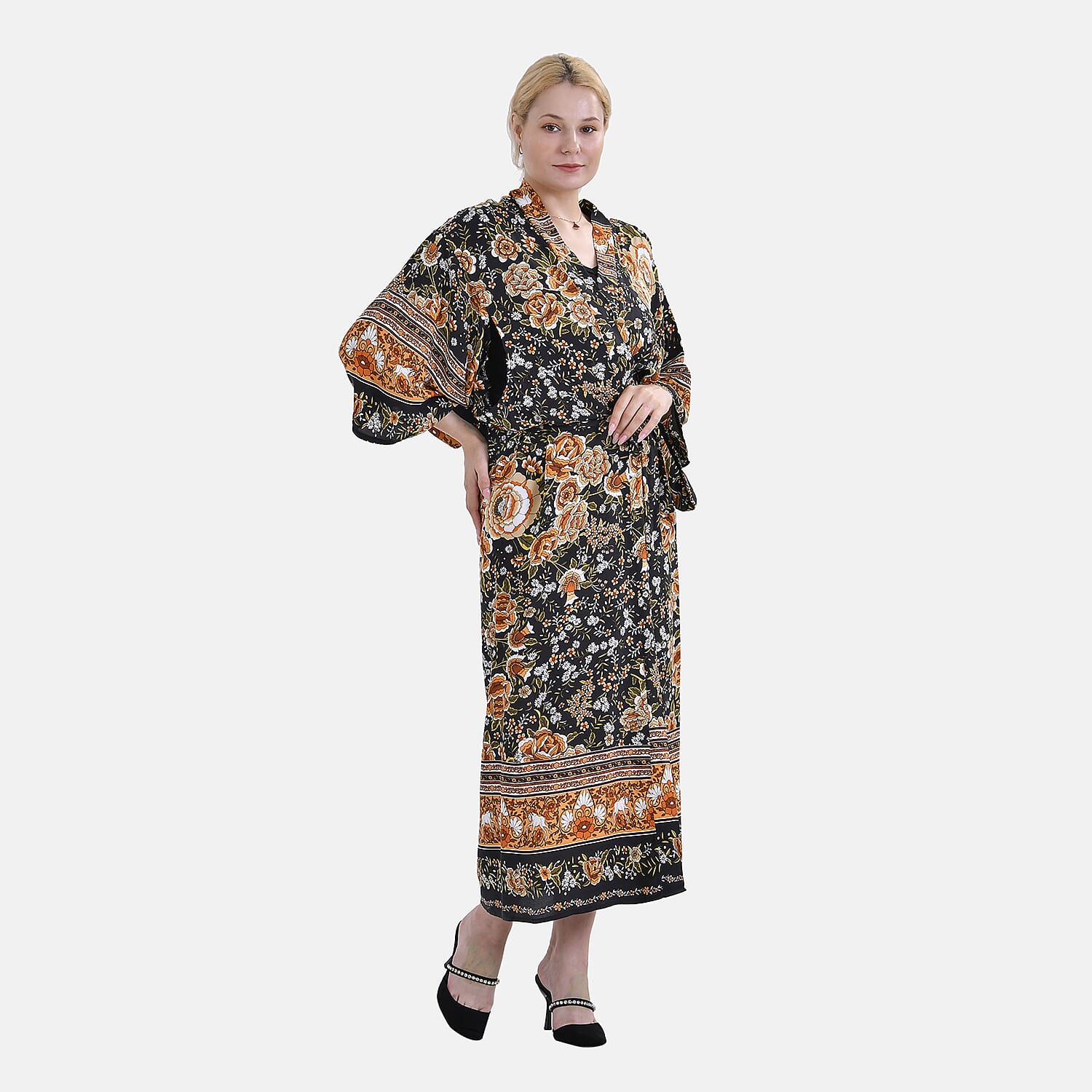 Closeout Deal 100% Viscose Flower Printed Long Kimono (One Size) - Black 7778271 11