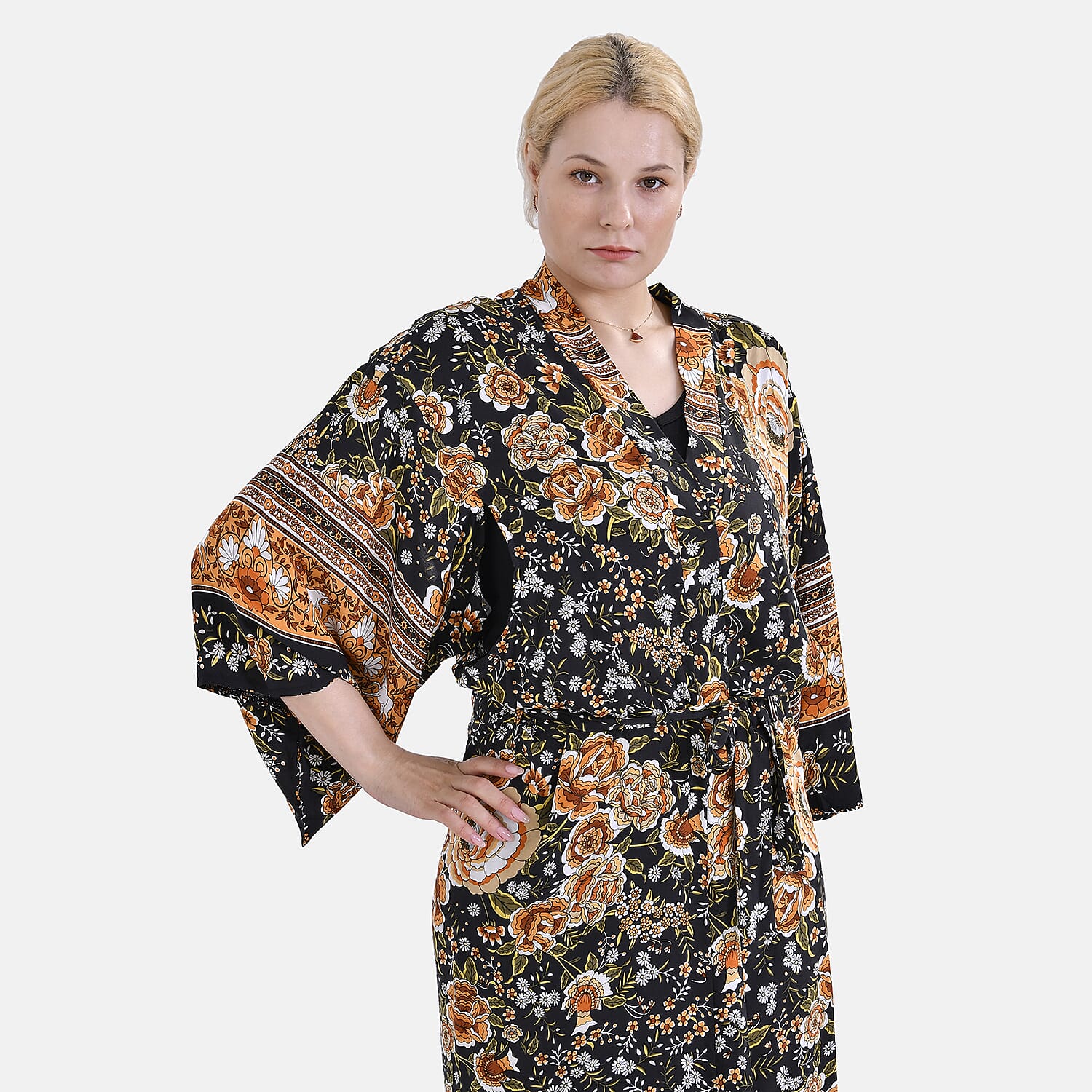Closeout Deal 100% Viscose Flower Printed Long Kimono (One Size) - Black 7778271 12