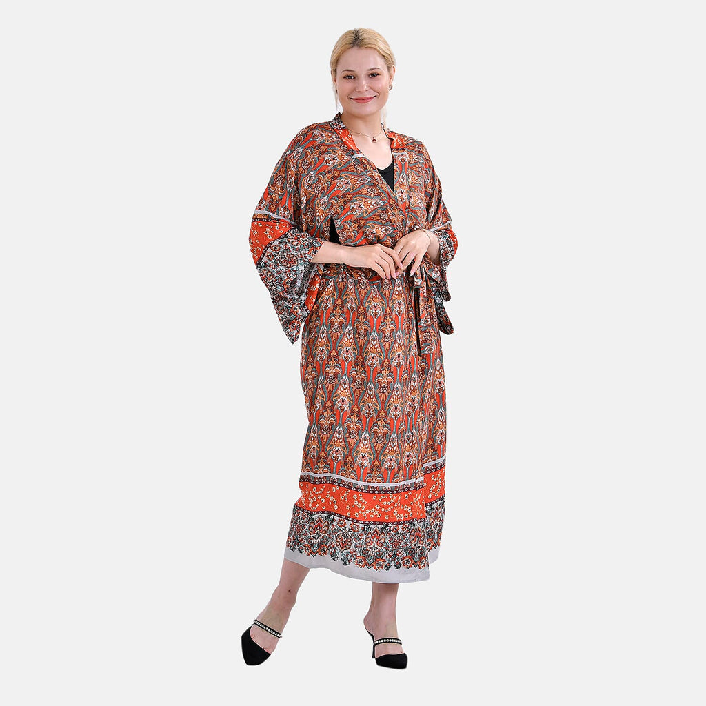 Closeout Deal 100% Viscose Printed Long Kimono with Waist Belt (One Size) - Red