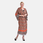 Closeout Deal 100% Viscose Printed Long Kimono with Waist Belt (One Size) - Red