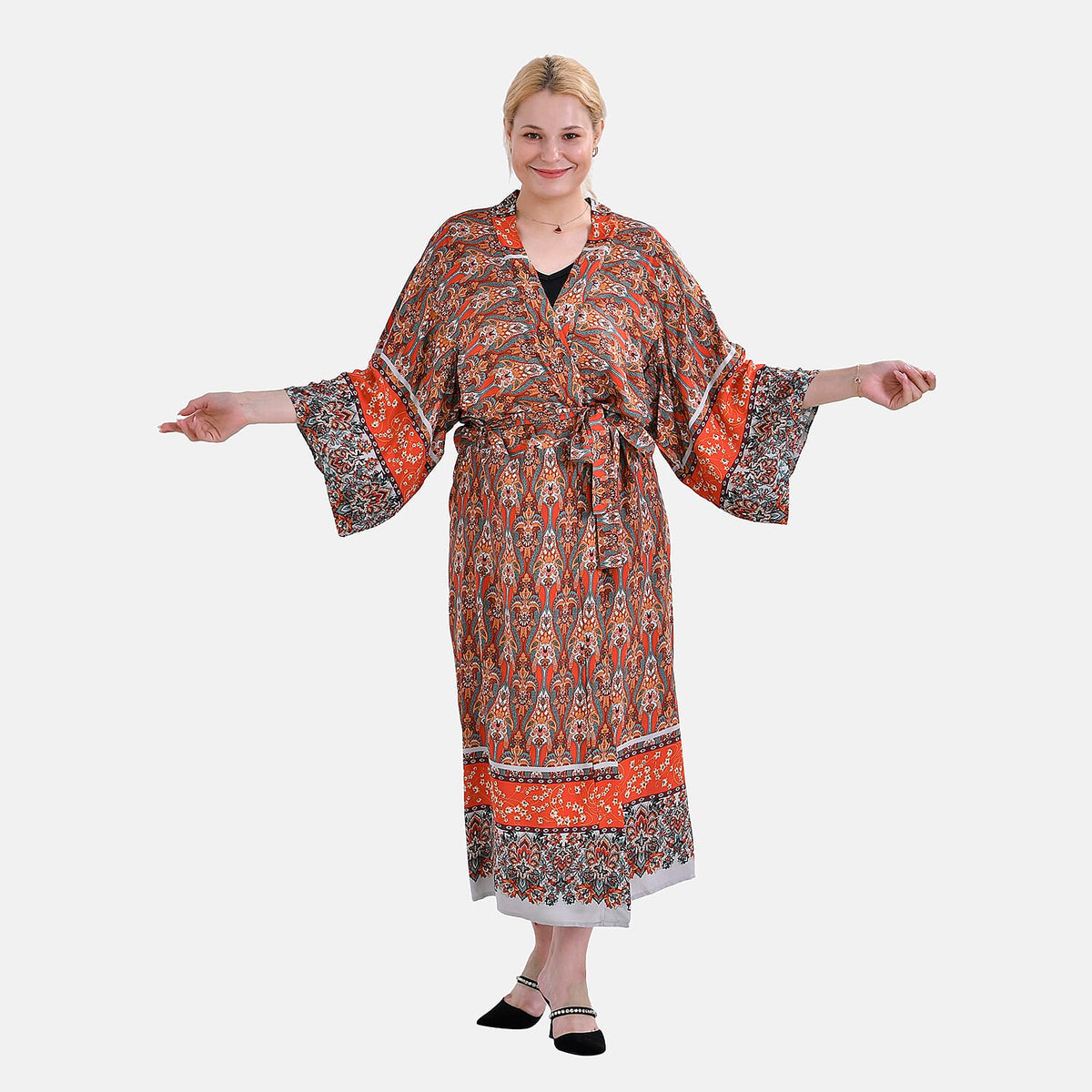 Viscose Printed Kimono (Size 135x1 cm) - Red &amp; Yellow V32521782 3
