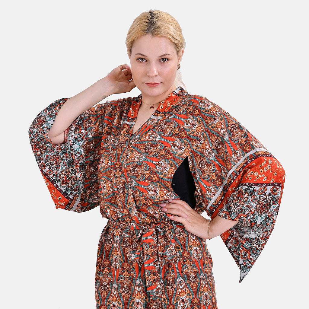 Closeout Deal 100% Viscose Printed Long Kimono with Waist Belt (One Size) - Red