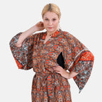 Closeout Deal 100% Viscose Printed Long Kimono with Waist Belt (One Size) - Red