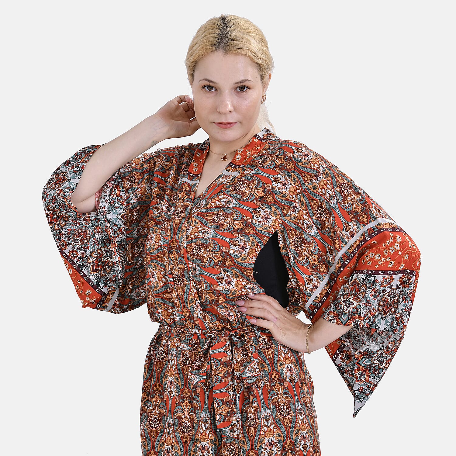Viscose Printed Kimono (Size 135x1 cm) - Red &amp; Yellow V32521782 4