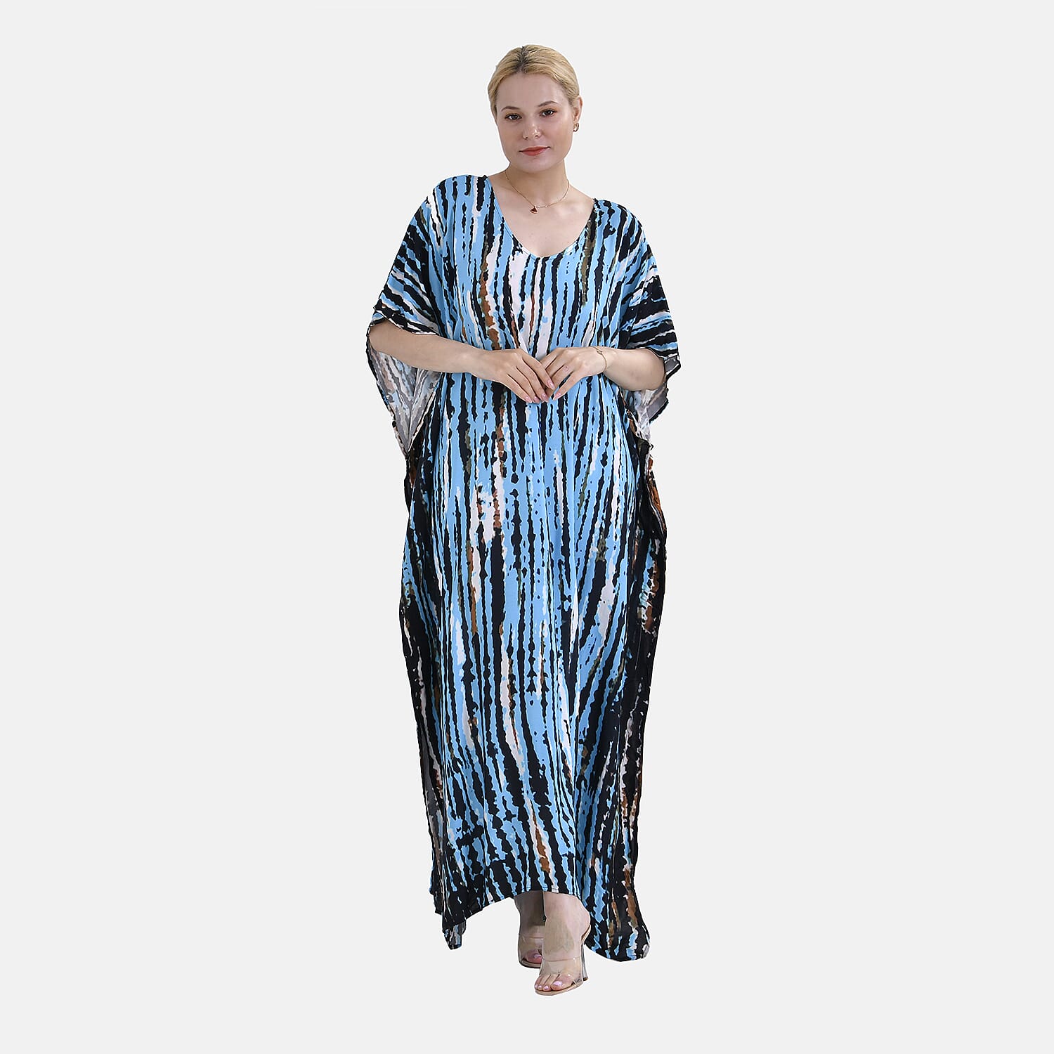 V-Neck Tie-Dye Stripe Pattern-Mid-Sleeve Dress 7780730 0