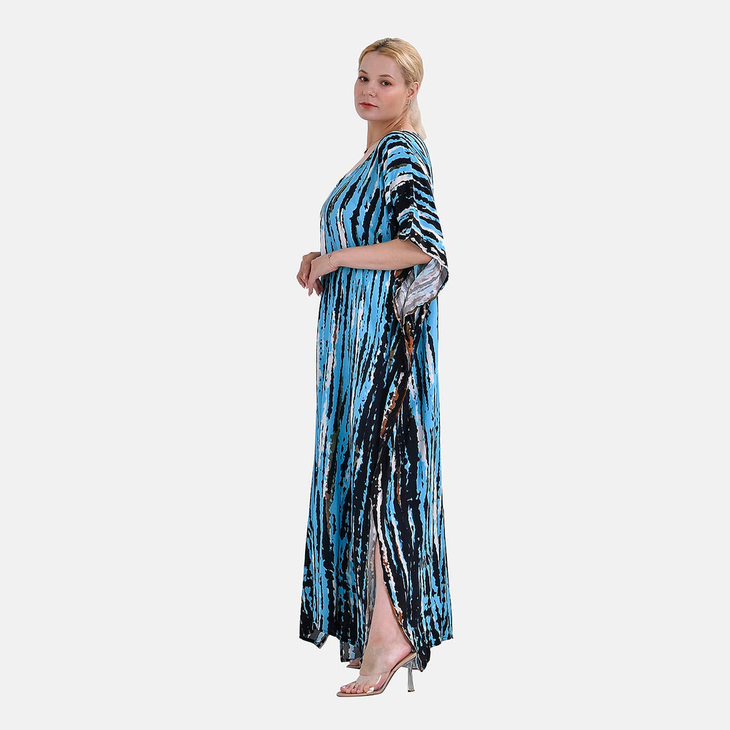 Closeout Deal 100% Viscose V-Neck Tie-Dye Stripe Pattern-Mid-Sleeve Dress (One Size) (8 TO 20) -  Green - Black