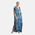 Closeout Deal 100% Viscose V-Neck Tie-Dye Stripe Pattern-Mid-Sleeve Dress (One Size) (8 TO 20) -  Green - Black