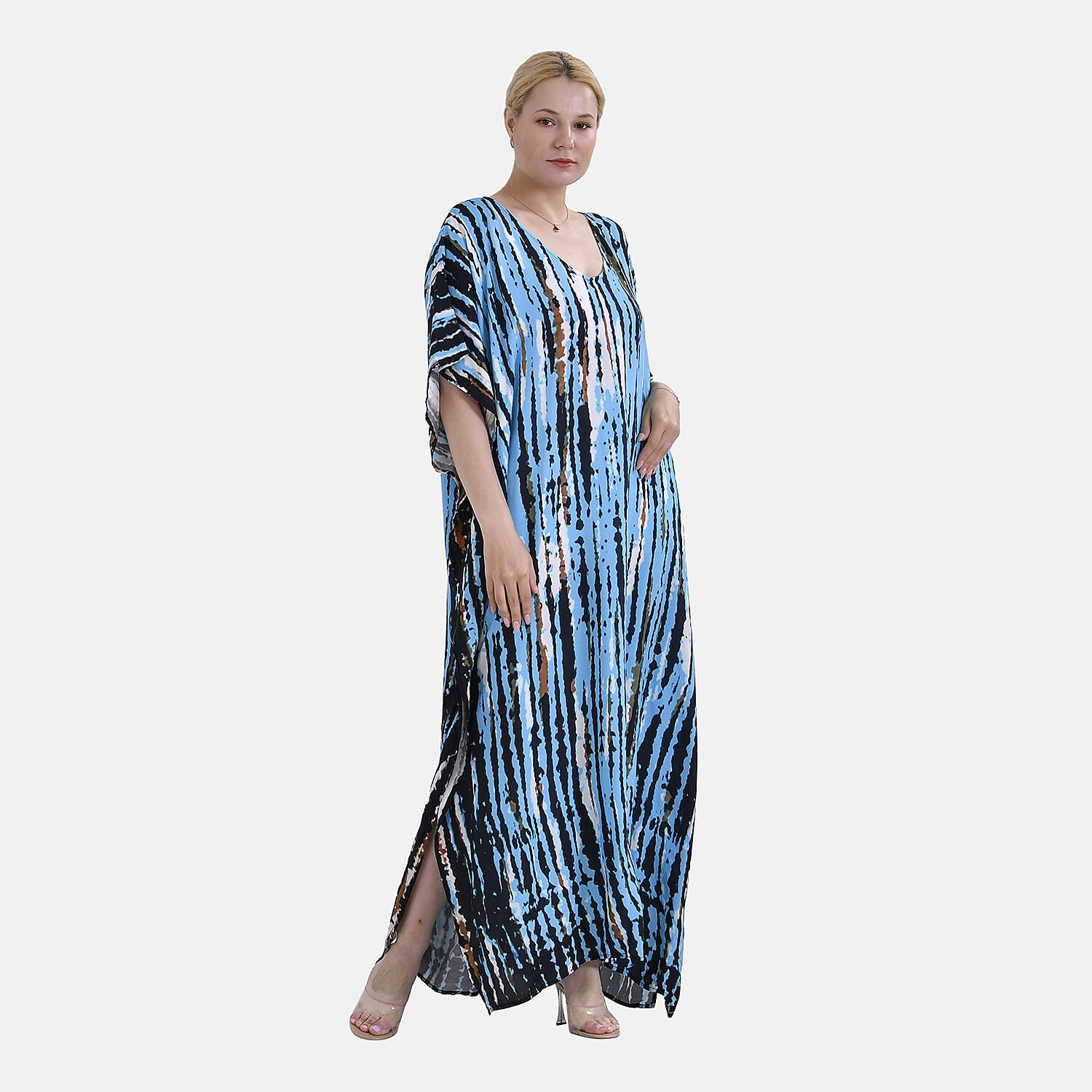 V-Neck Tie-Dye Stripe Pattern-Mid-Sleeve Dress 7780730 3