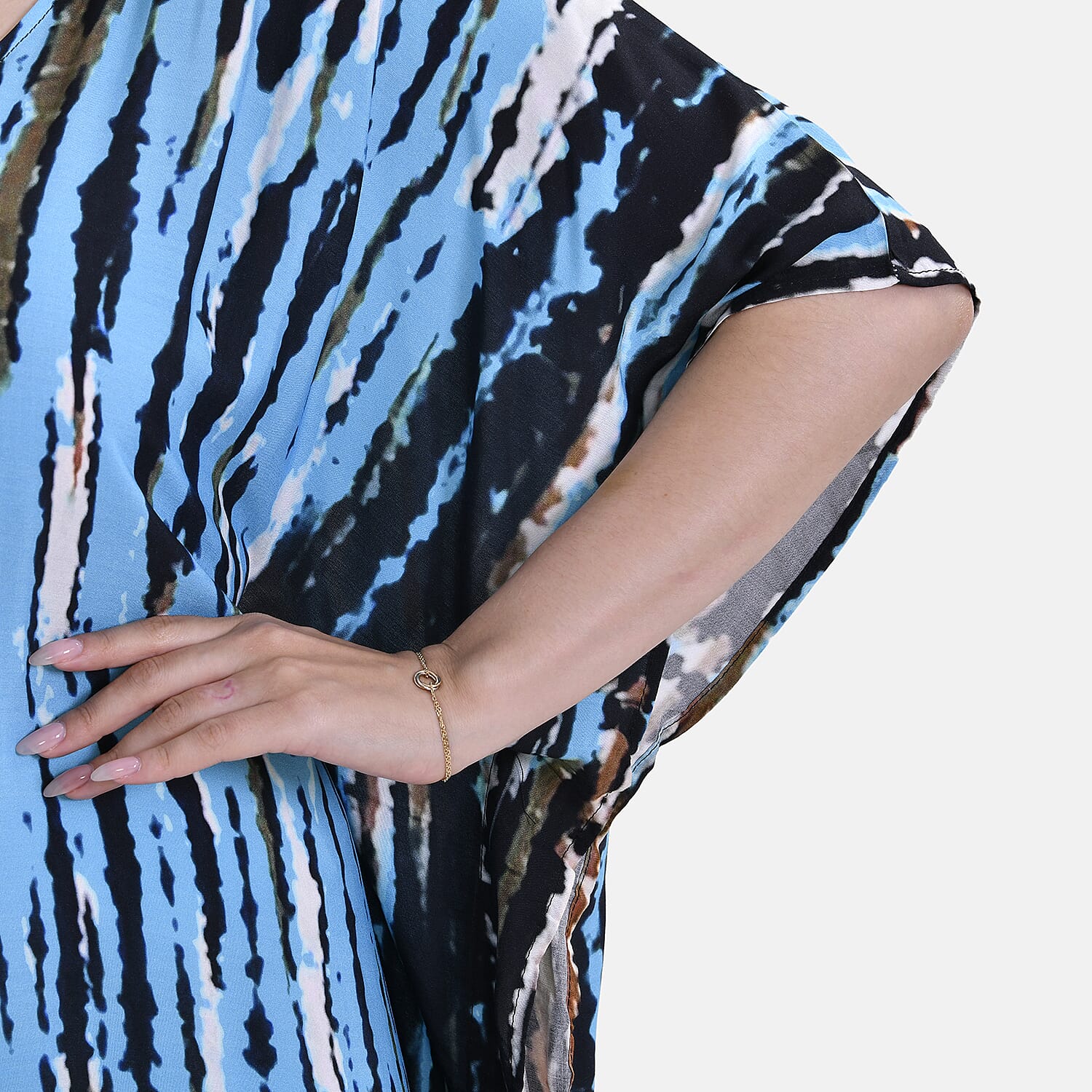 V-Neck Tie-Dye Stripe Pattern-Mid-Sleeve Dress 7780730 6