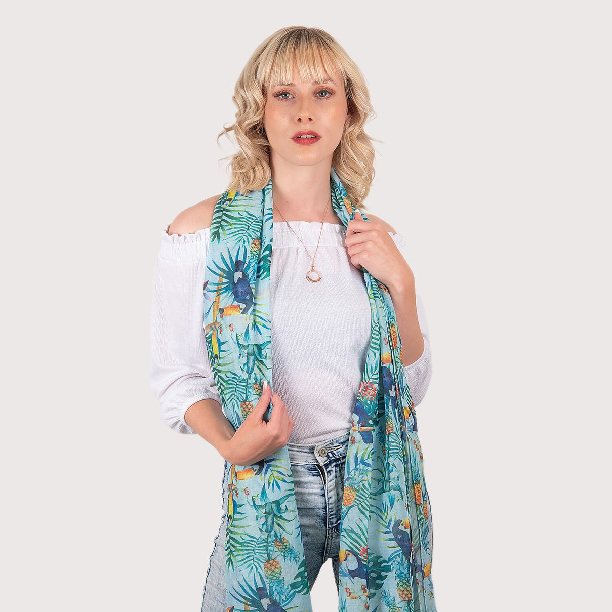 Closeout Scarf with Tropical Print (Size 170x65 cm) - Green &amp; Multi 7553807 0