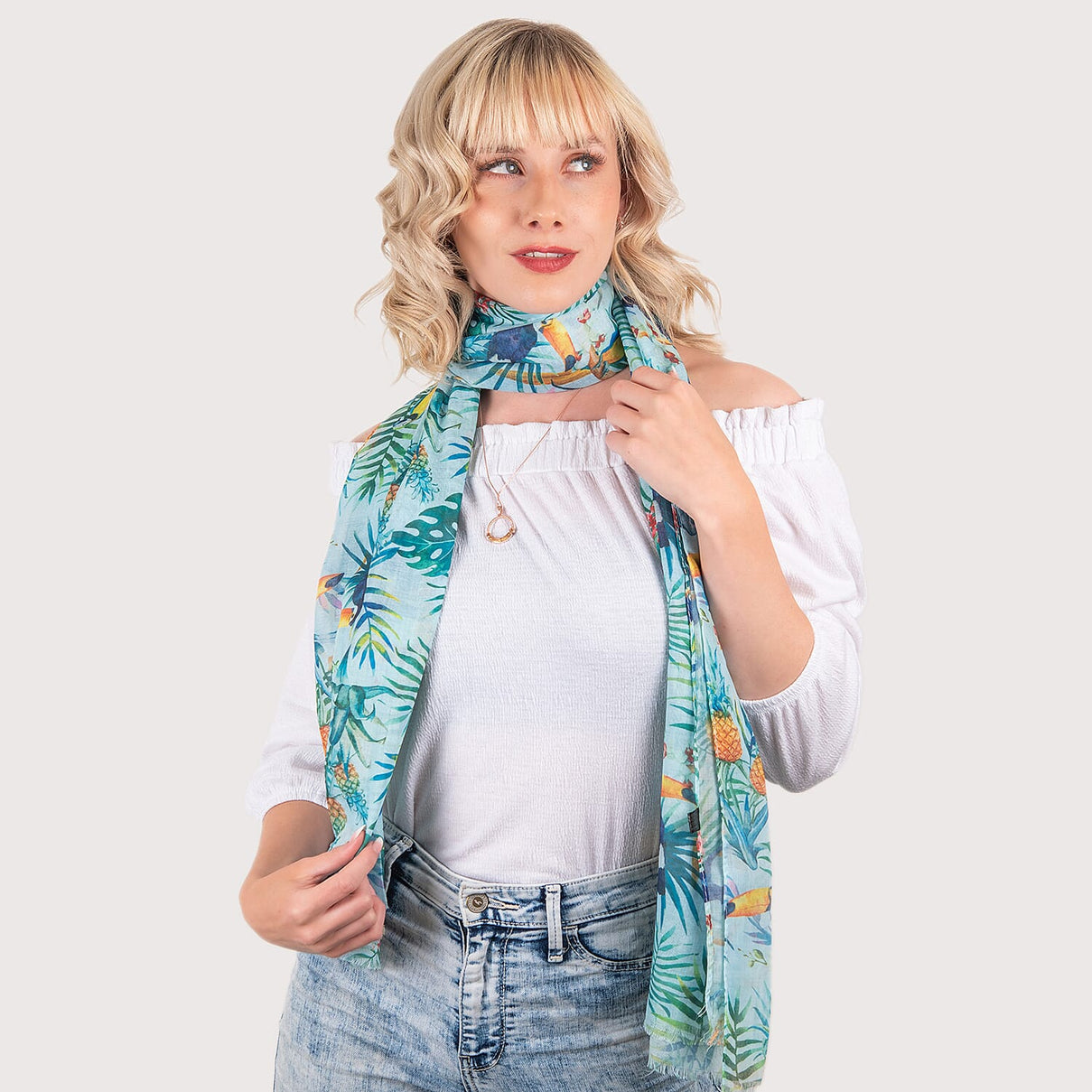 Closeout Scarf with Tropical Print (Size 170x65 cm) - Green &amp; Multi 7553807 1