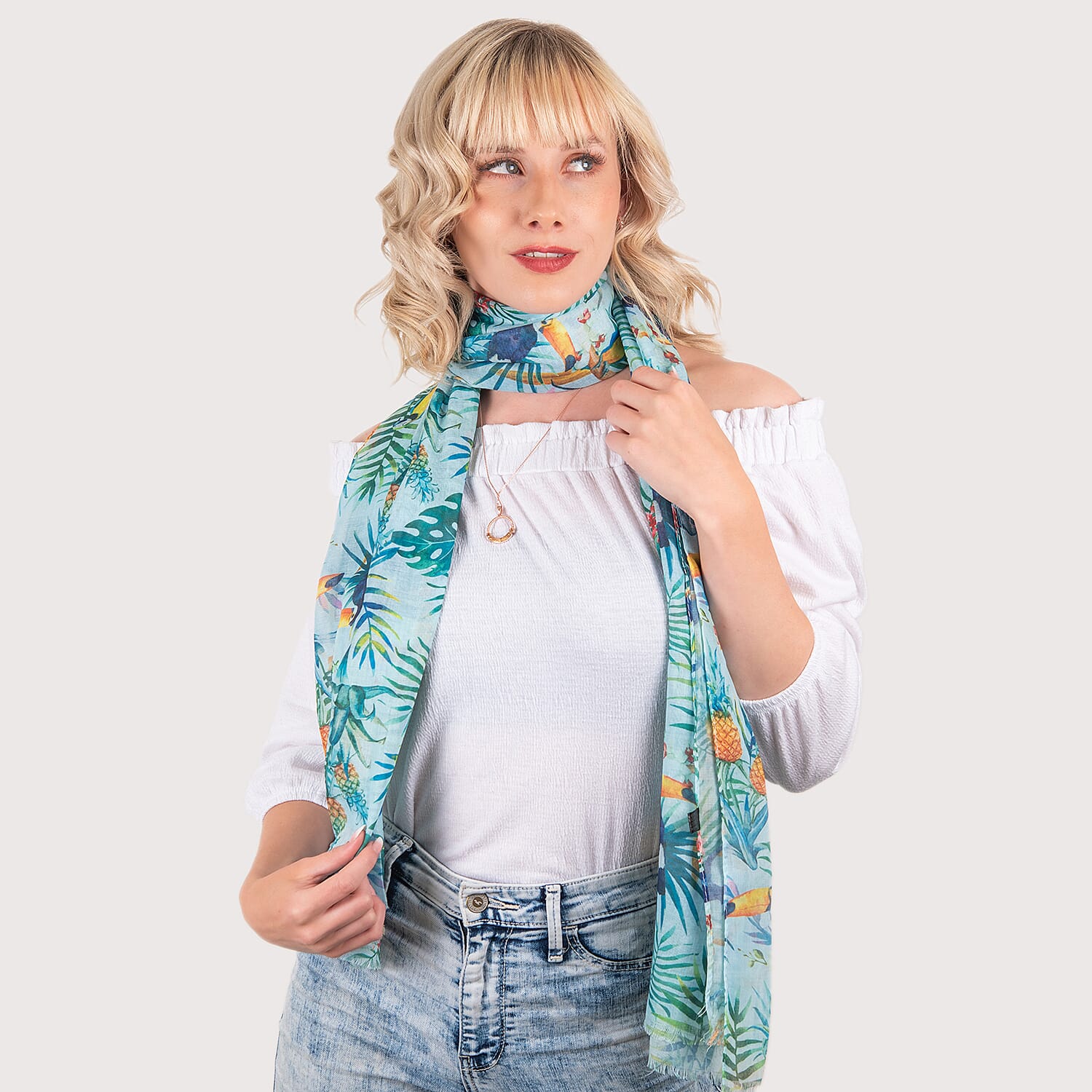 Closeout Scarf with Tropical Print (Size 170x65 cm) - Green &amp; Multi 7553807 1