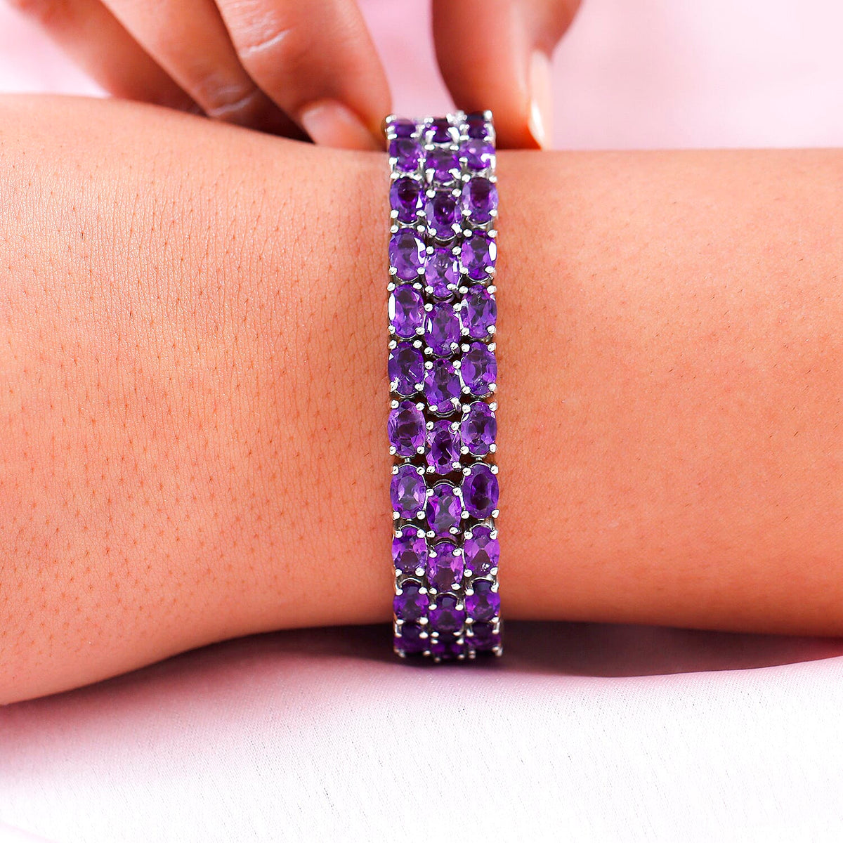 Cluster Amethyst Bracelet Size 7.5  in Platinum Plated Sterling Silver 33.98 Ct, Silver Wt. 24.80 Gms 7581930 3