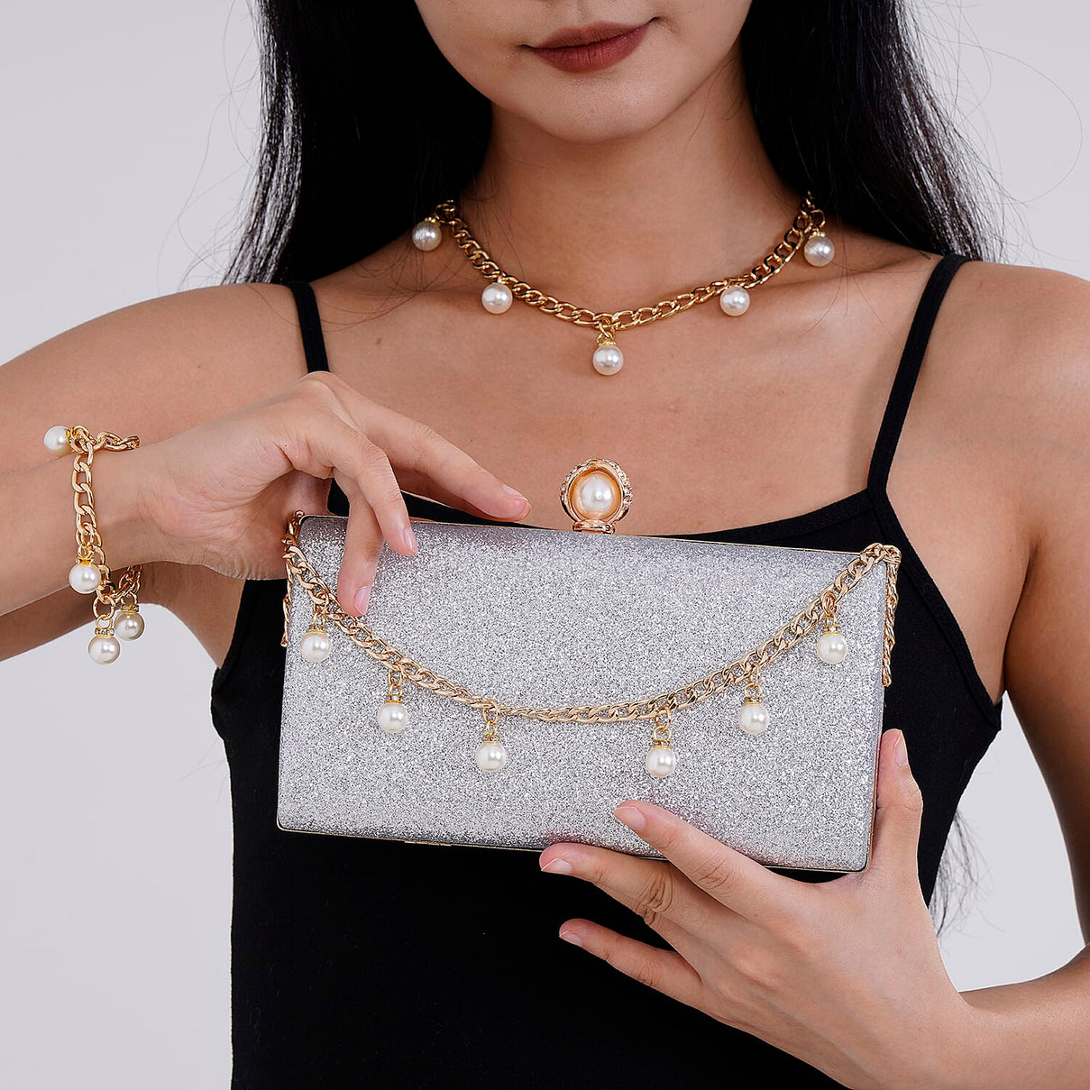 Sequin Clutch Bag with Necklace &amp; Bracelet (Size 22x12x4 cm) - Silver 7863026 3